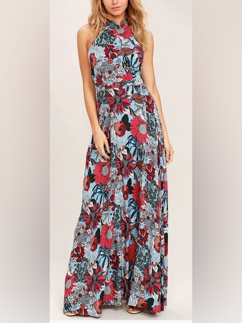 Lulu's Sky Blue Maxi Dress with Red Floral Print